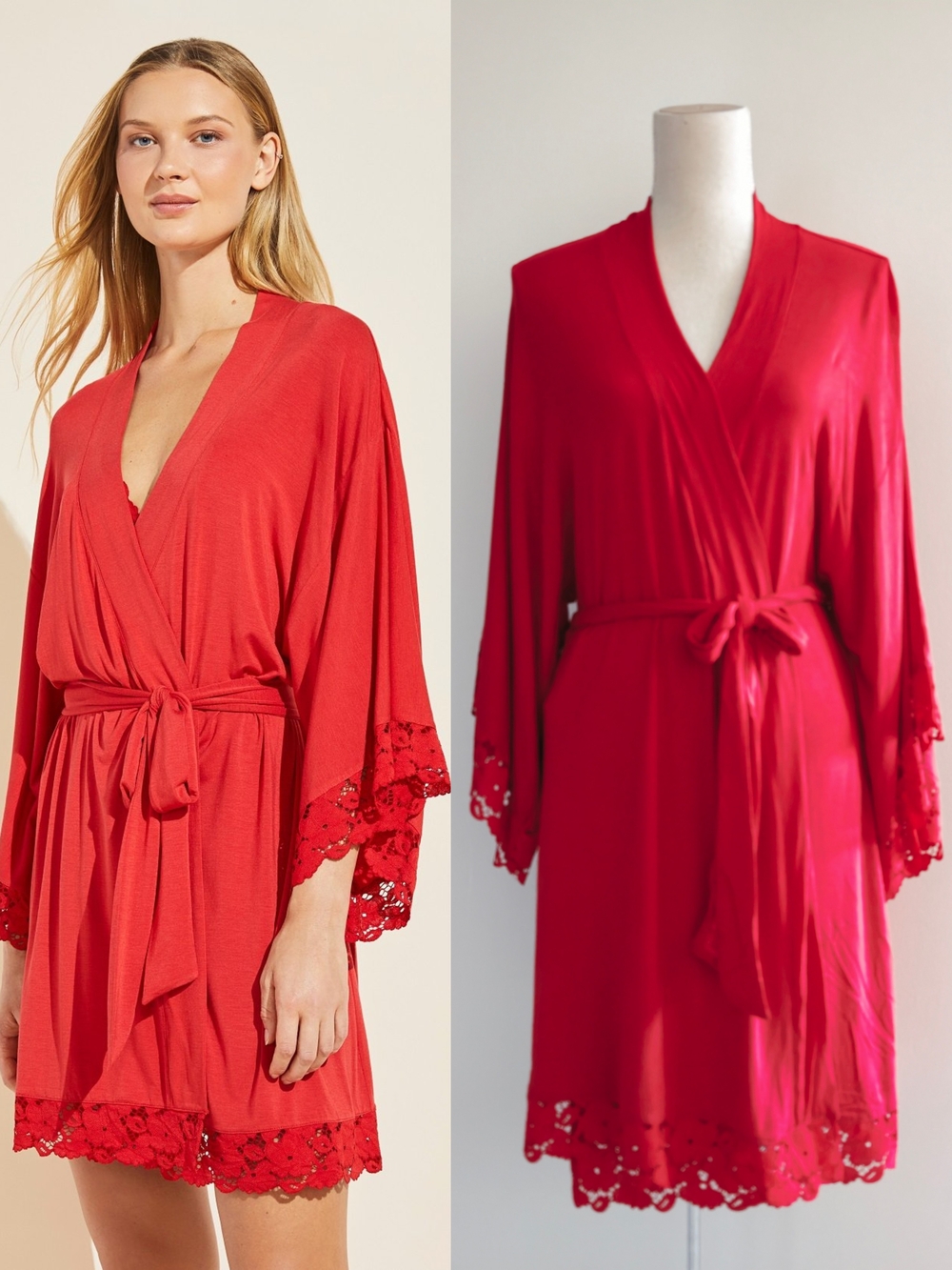 Like New Eberjey Naya Kimono Wrap In Haute Red Lace Trim Wrap